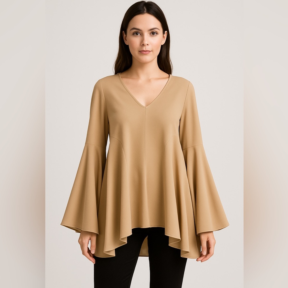 Women's Taupe Bell Sleeve V-Neck Blouse